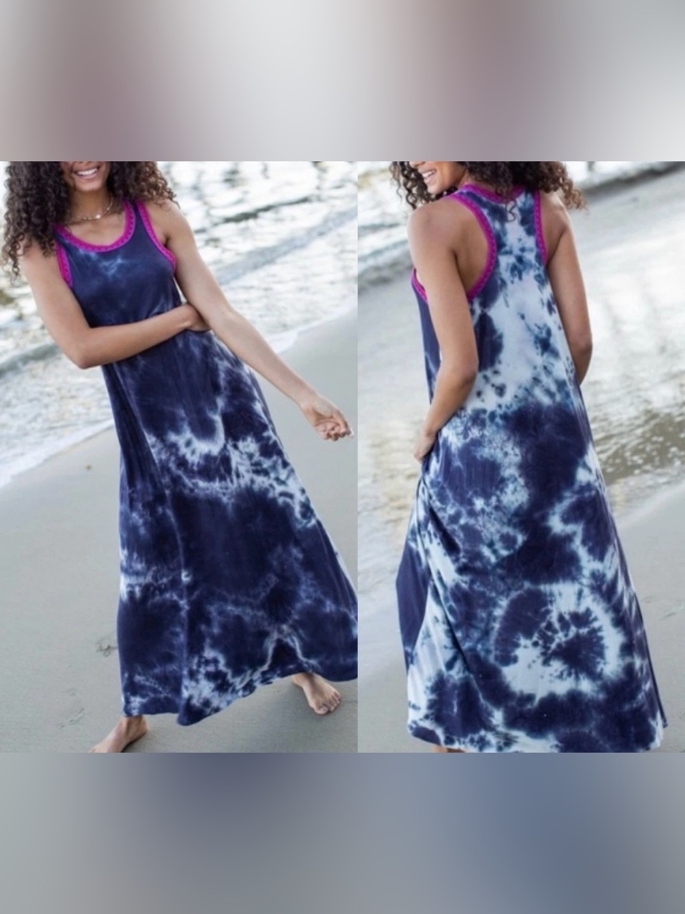 Natural Life Willow Tie Dye Maxi Dress 
Navy White Crochet Trim Boho Earthy M